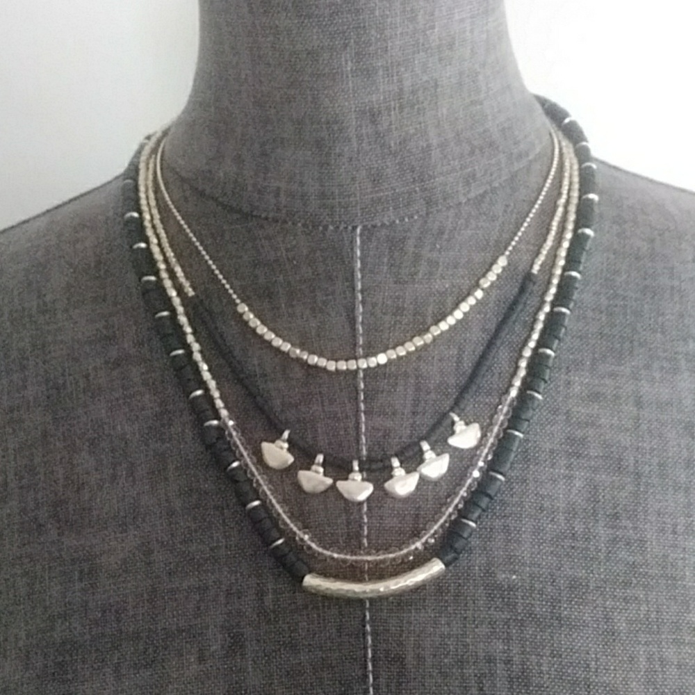 {Express} Beaded Statement Necklace Black and Gold